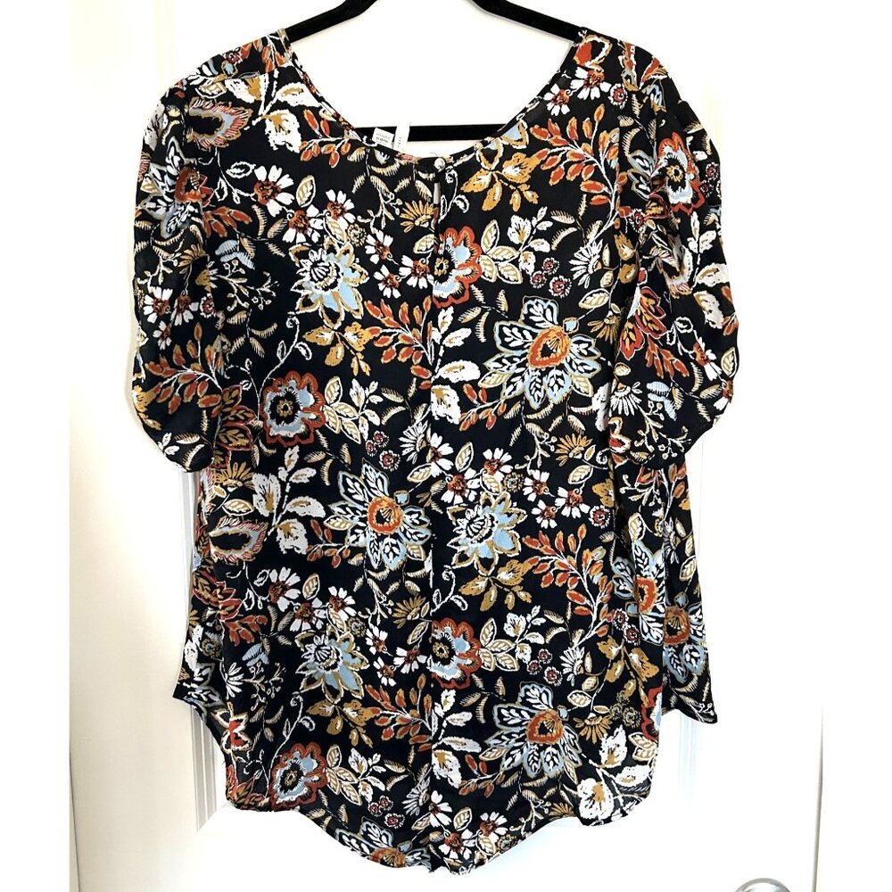 Floral Print Short-Sleeve Blouse XL Black Gold Blue Polyester